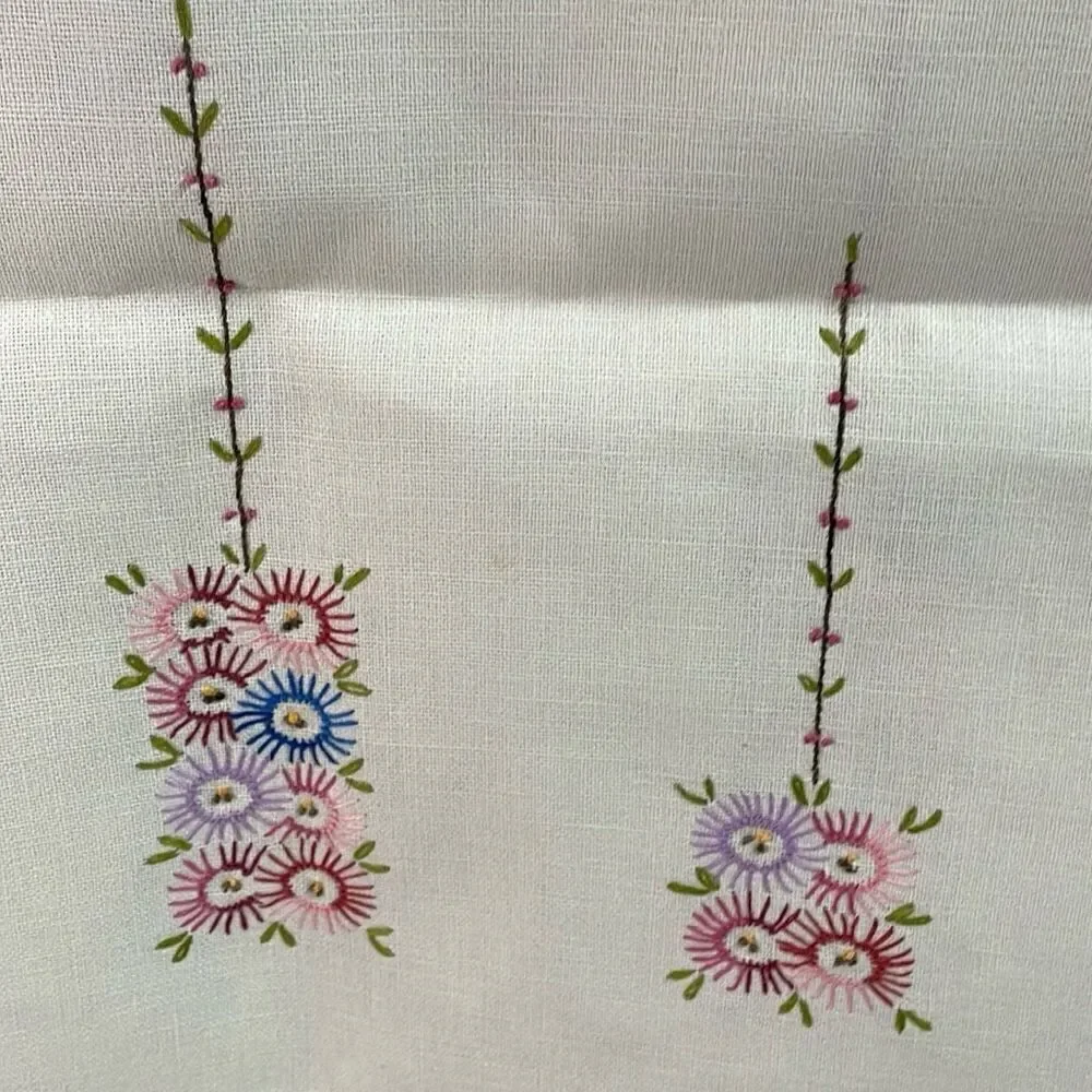 VINTAGE Hand Embroidered Linen Floral Table Runner 18 1/4” W X 39” L